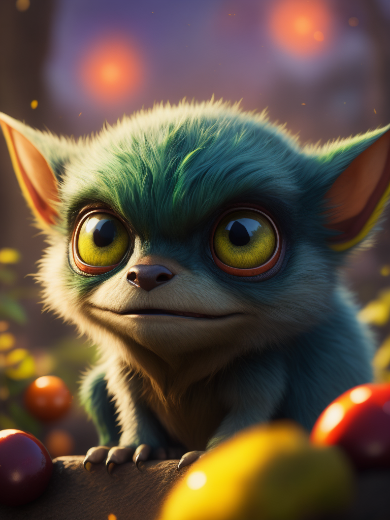 Cutest gremlin in a Wonderland, big dreamy eyes, bright and saturated colors, highly detailed, sharp focus, Dramatic Lighting, fairy tale