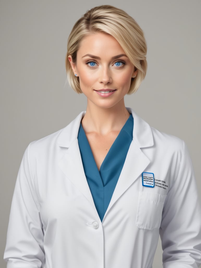 geef me een vrouw in haar 30 met blond kort haar in een chignon , blauwe oogen , met een labo jas , voldig lichaam