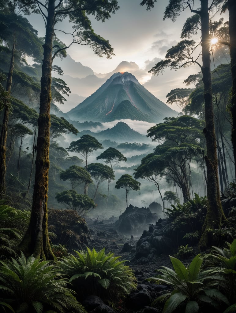 Forest with Mount Merapi as well as fog and some lava , epic, masterpiece, Cinematic, Ultra HD, Professional photography
