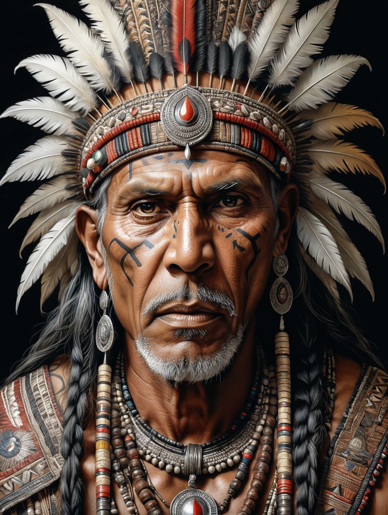 Indian tribal leader, illustration, Pencil, Portrait, B , USA, style of Laurie Lipton