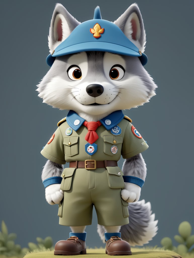 un lobo de pie vestido con uniforme de boyscouts tipo CARTOON, con una mano LEVANTADA HACIA ARRIBA