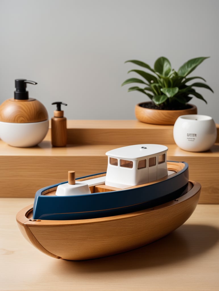 Bath toy chubby boat designed by Dieter Rams. Simplistic minimalist post modernist product design. Oak and injection molded plastic. Full object in view.