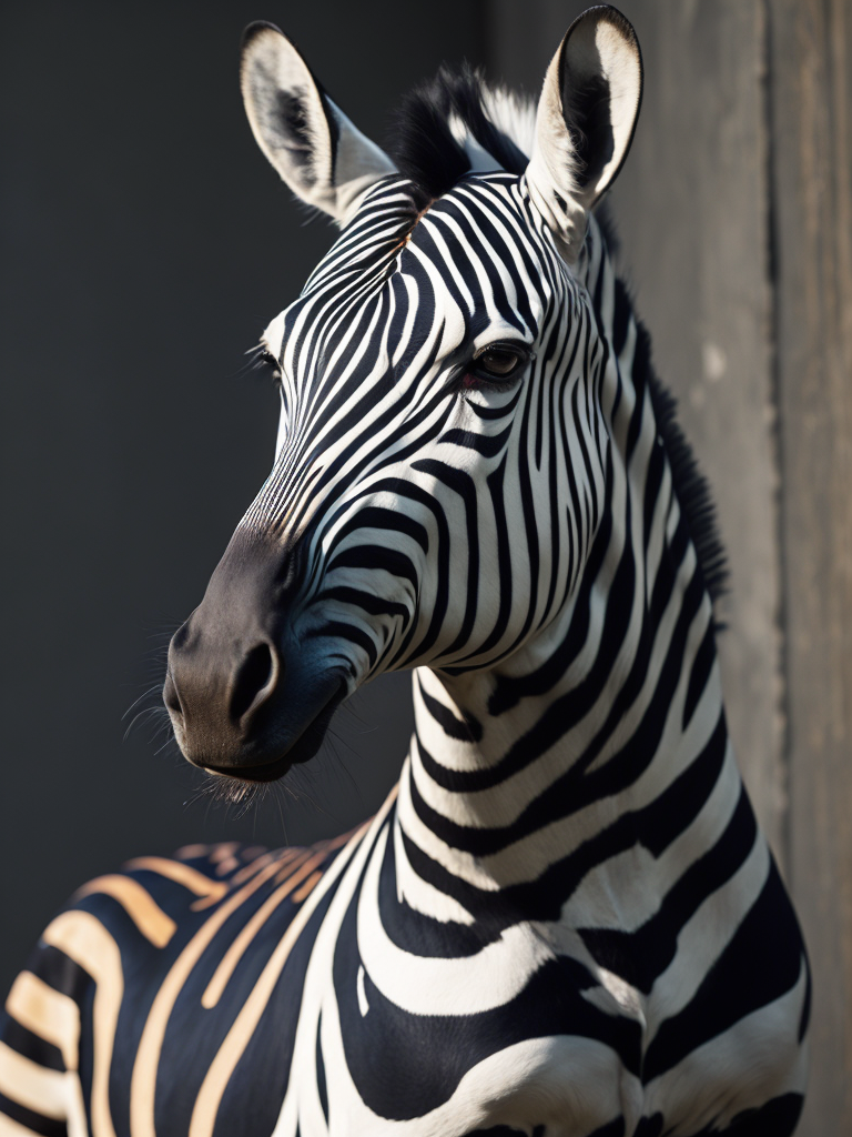 a realistic zebra, shoulders up, smartly dressed with colourful animal print