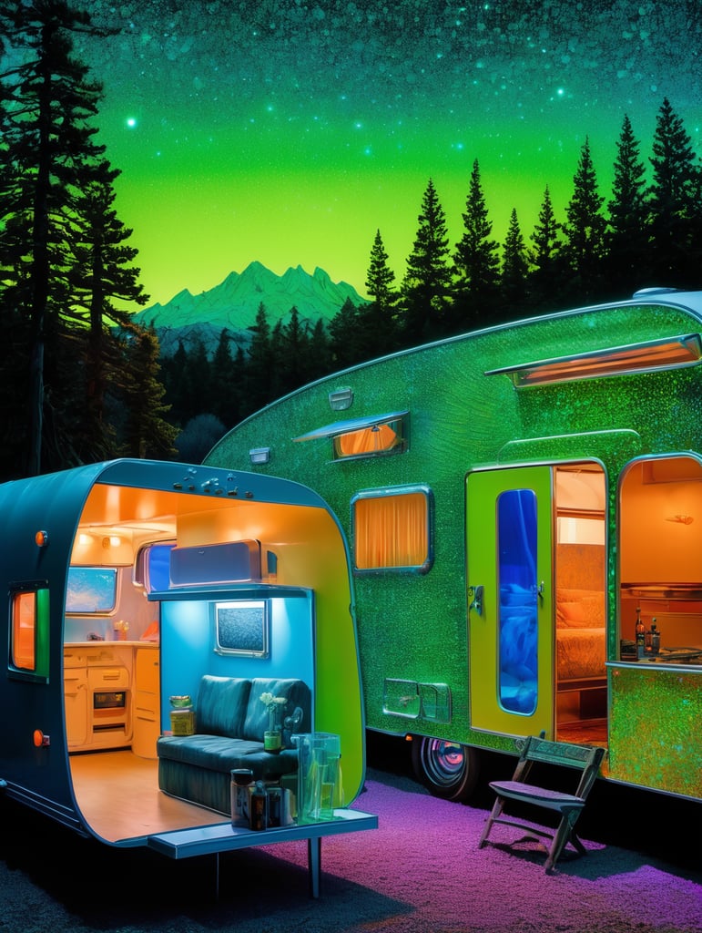 Fine Art Fluorescent Pointillism Sci-fi Surrealism Photography, Futuristic camping trailer, Portrait made of hyper-detailed transparent frosted plastic, Moebius Bernard Buffet, van Gogh, Vermeer, Erin Hanson, Pierre Soulages, National Geographic, textured depth, vibrant fluorescent hyperrealism photo