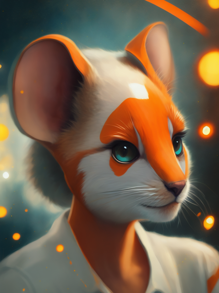 Cute white mouse look like a human stylized as a software engineer near the computer. Large free space on the left half of image. High key. White color.