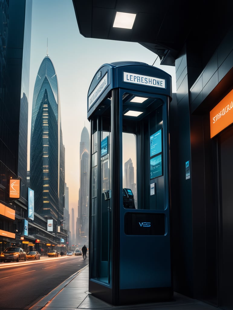 A sleek, state-of-the-art telephone booth with cutting-edge technology and solar power integration, presented through a professional digital illustration style. In the spirit of concept artist Syd Mead, this image showcases a futuristic, cityscape backdrop. The booth exudes minimalism and sophistication with its clean lines and advanced touchscreens. The color palette is a mix of cool, futuristic blues and vibrant, eco-friendly greens. Facial expressions are determined and focused, bathed in the glow of a digitally enhanced atmosphere, demonstrating the embodiment of professionalism in modern technology. --v 5 --stylize 1000