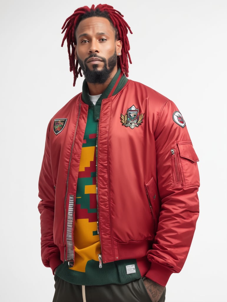 a man with dreadlocks on his head is wearing a colored jersey and a red bomber jacket