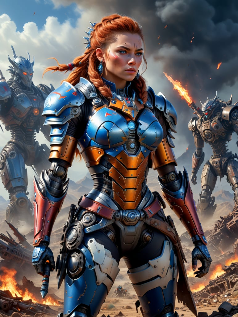 Aloy the beautiful Savior of Meridian, with torn clothes from the waist up, holding a lance. She alone stands triumphant over the destroyed body of a giant mechanical android. In the background a desolate wasteland.