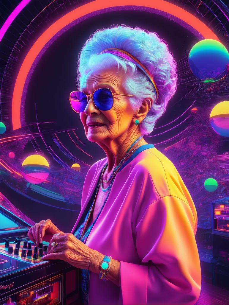 Grandma at the disco, synthwave, blacklight, psychedelic, neon line art, glitch art, figurative art, geometric art, conceptual art, pop art, ultra detail, dynamic composition, dynamic contrast, surrealism
