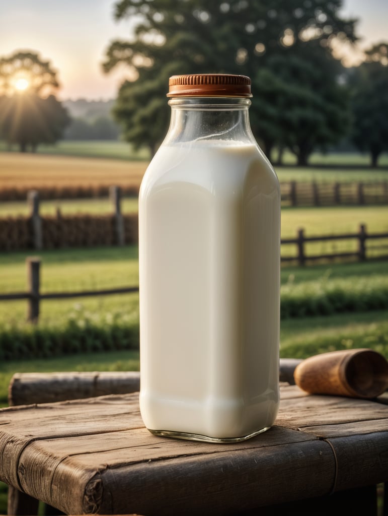 A mockup of a square bottle of milk, early morning, farm blurred background