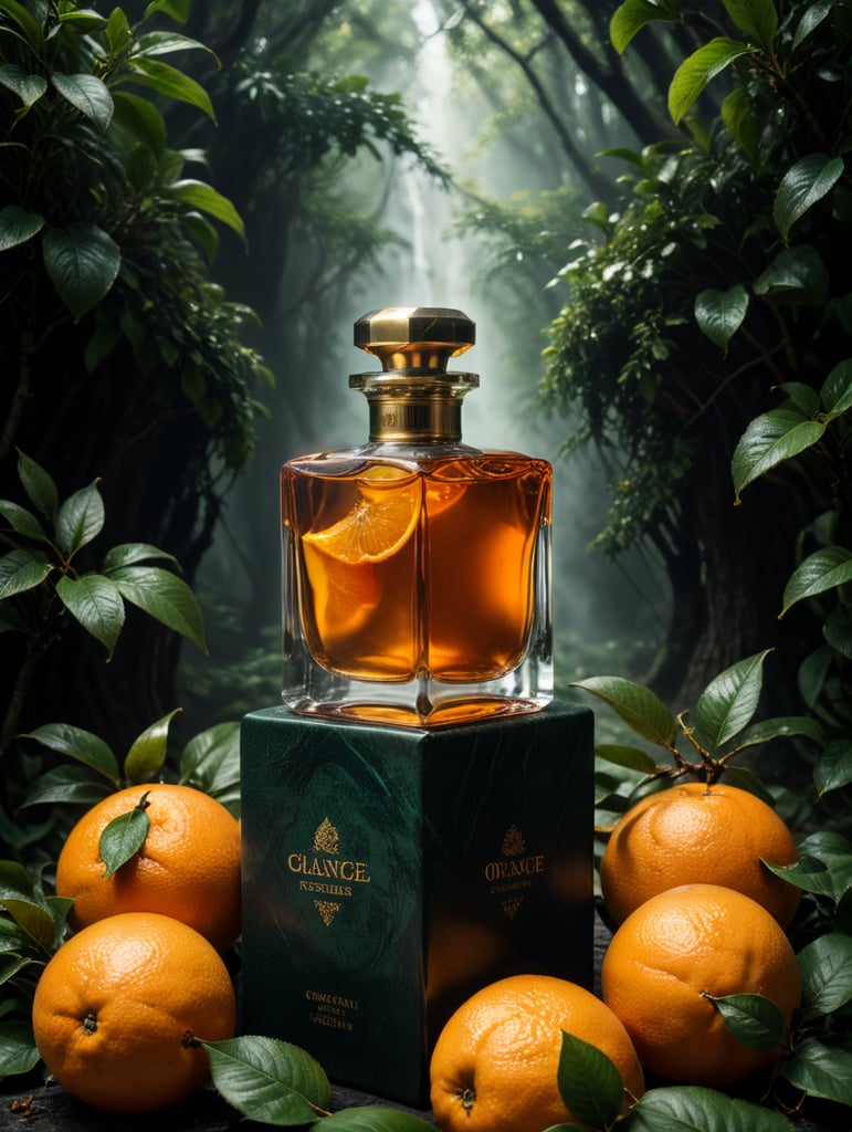 professional photography of a luxury perfume, orange fruits around, orange forest, green satin scarf, no label, clear, mockup