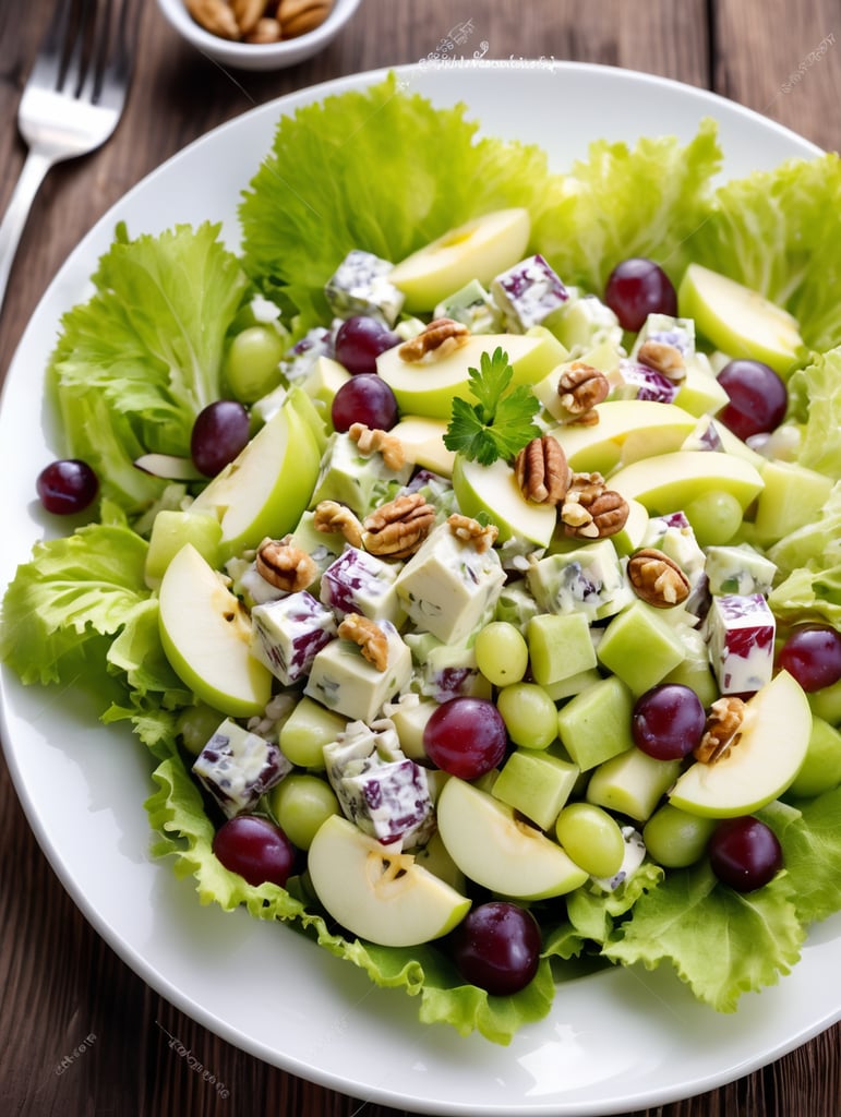 Waldorf Salad, small plate on a wooden table, Description: A delightful mix of crisp apples, celery, grapes, and walnuts in a mayonnaise-based dressing, often served on a bed of lettuce.