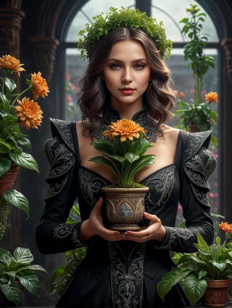 Young woman magician holding a flowerin potted plant.