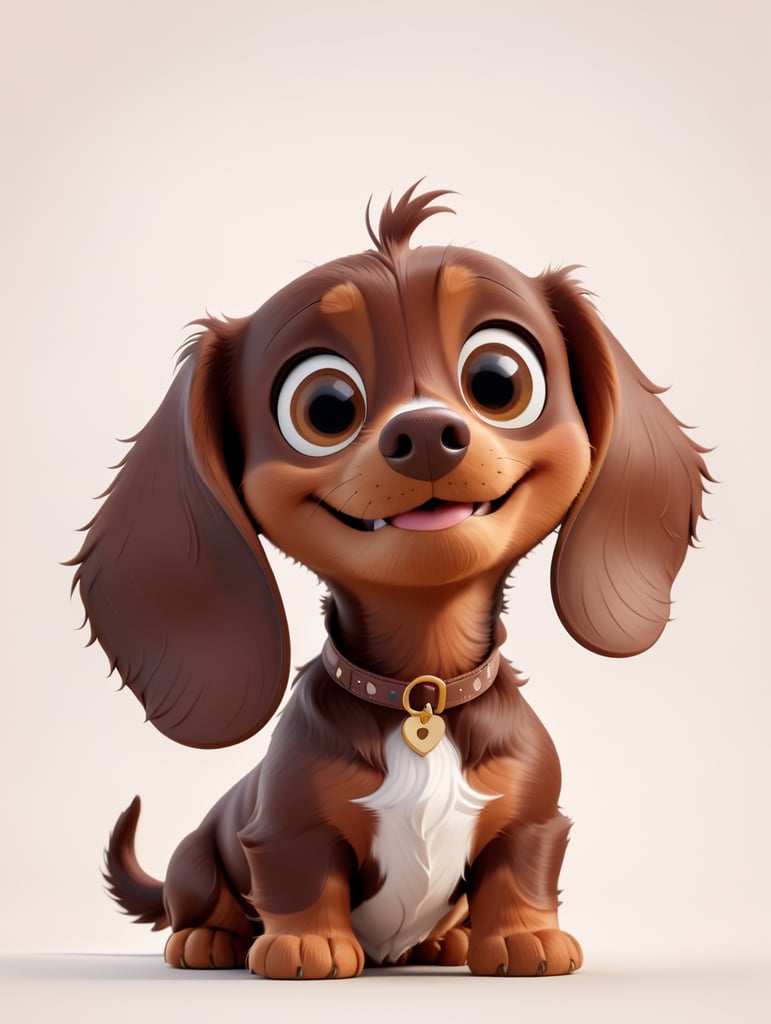 A chocolate brown dachshund with big brown eyes, floppy ears, and white chest, in the style of a Pixar movie character