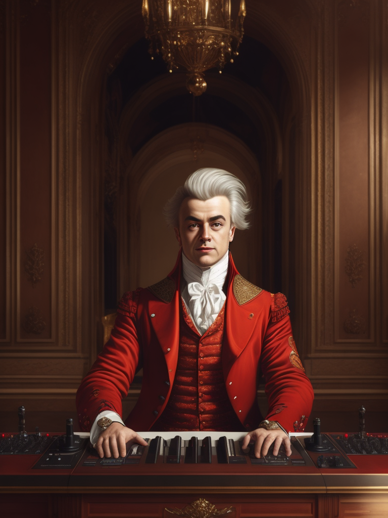 Wolfgang Amadeus Mozart in a 18th century red suit making music on a DJ table, Against the background of the interior of the palace full of guests, studio photo, professional photo, Bright and rich colors, Detailed image, detailed face,