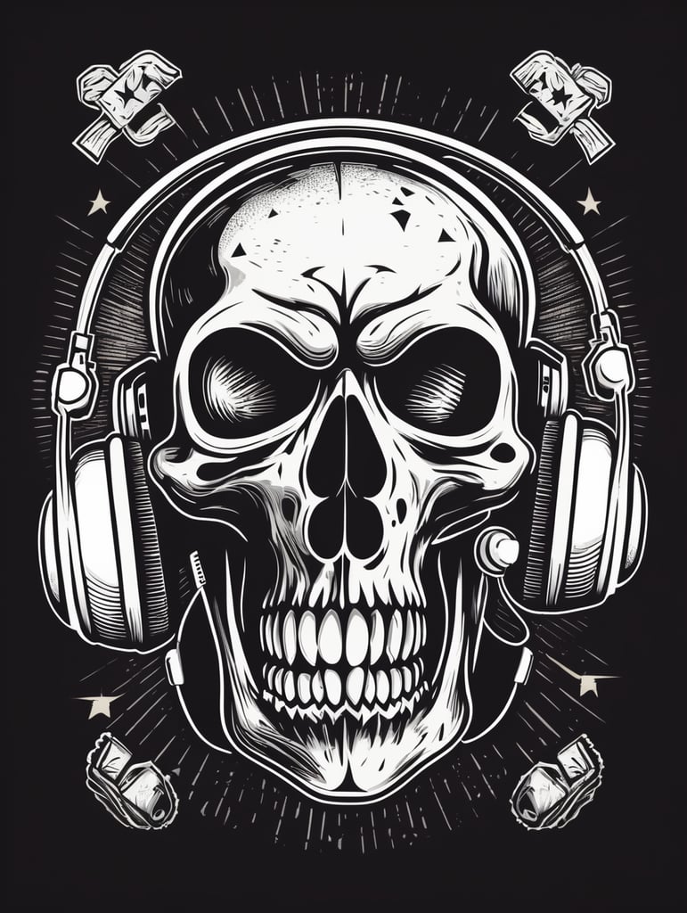 Black and white game over Skull Gaming Logo, linocut, vintage dead head or skull of gamer in headphones, vector image