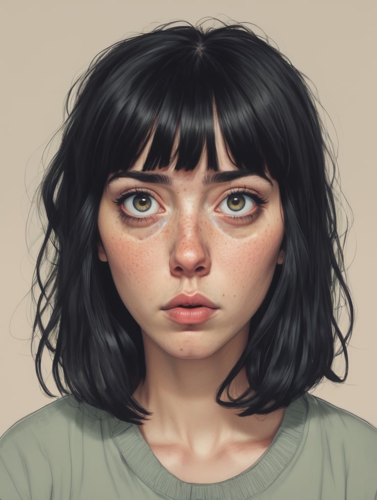 Self portrait, drawing, cartoony, weird, freckles, black hair, bangs, tired, insomnia, unsettling