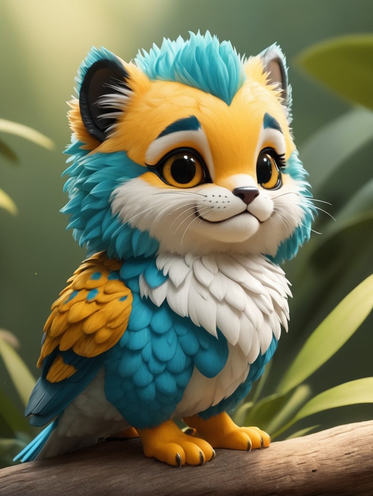 cute, fluffy, hybrid common kingfisher and jaguar, full view, chibi style, disney style, cartoon style, pixar style, yellow, alone