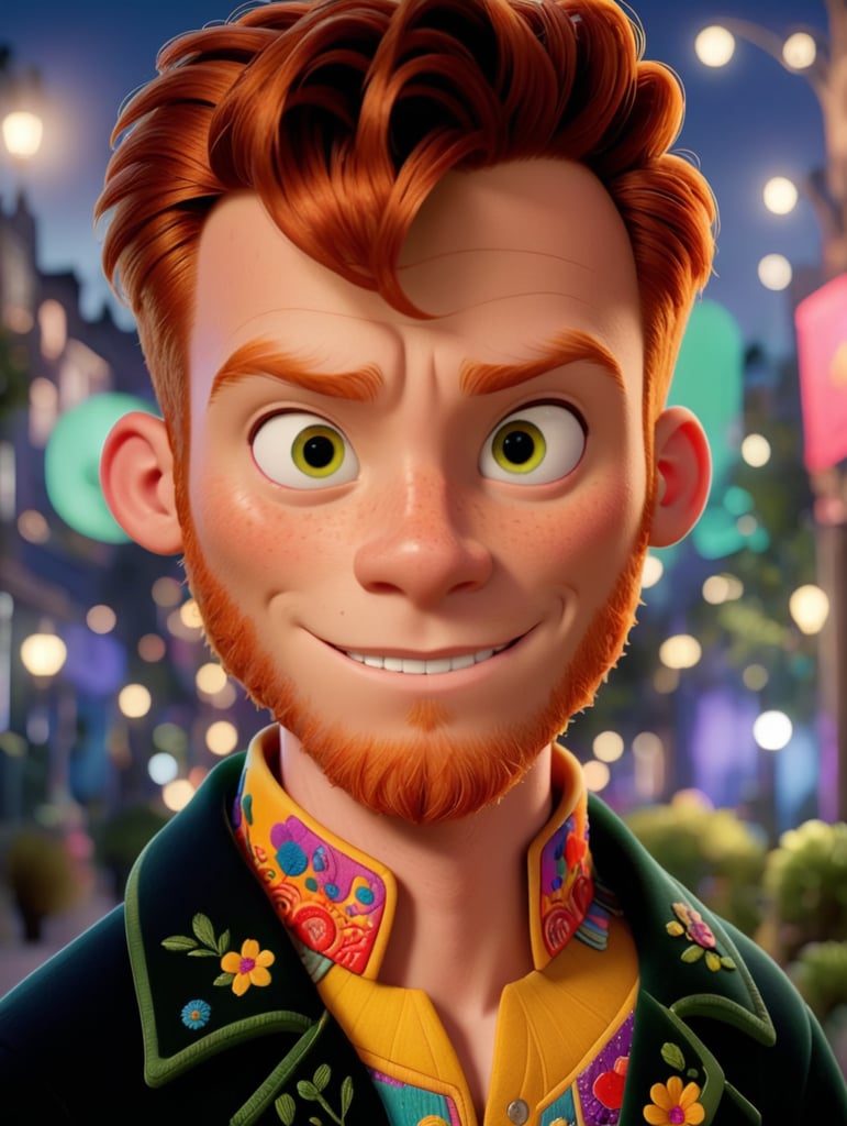 Beautiful ginger man with freckles, wearing a colorful, vibrant, detailed embroidered jacket, medium-full shot, at night