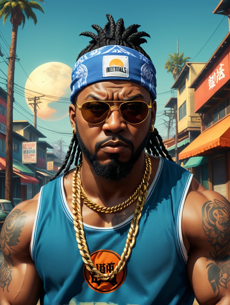 a simple Logo art of A furious, angry furious black crazy fat man ,box braids and cap, sunglasses ,gang member, gangsta 1990's, arms crossed , Loose clothes, royal bandana in your face and baseball jersey , Golden chain ,ultra realistic, intricate details , real colors , 8k , uhd, comic, gta san andreas style , A hood ghetto behind the central image rounded bandana background , Dragon Ball Z style vaporwave