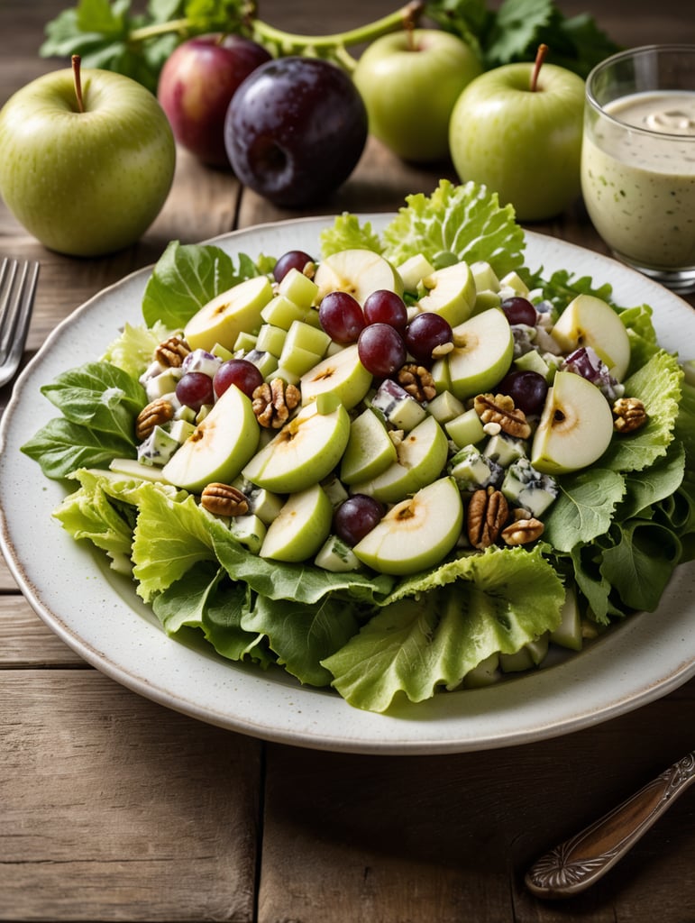 Waldorf Salad, small plate on a wooden table, Description: A delightful mix of crisp apples, celery, grapes, and walnuts in a mayonnaise-based dressing, often served on a bed of lettuce.