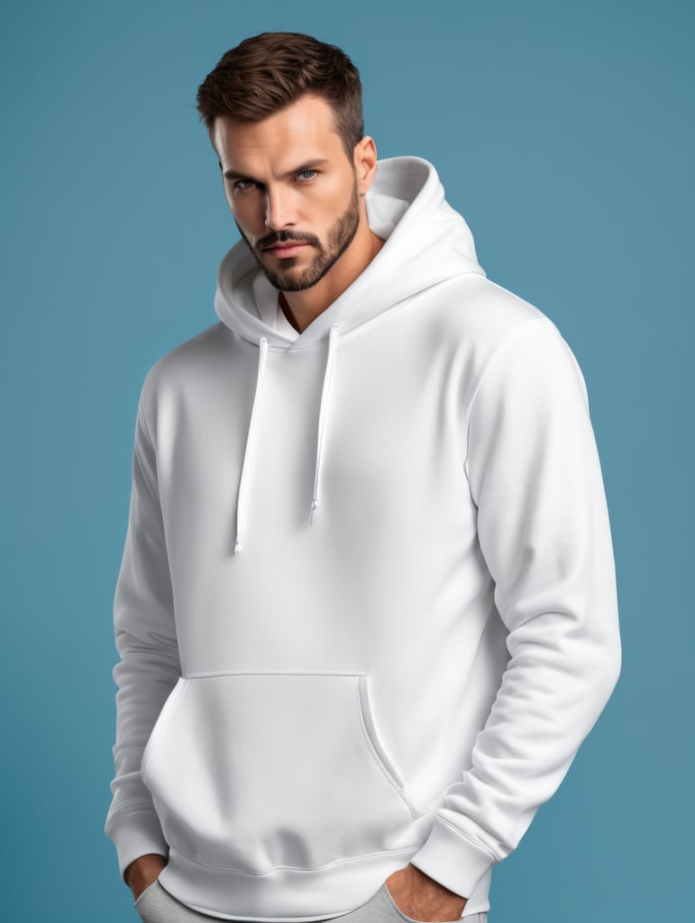 a man wearing blank white hoodie, isolated, blue background, style of Miles Aldridge, mockup, mock up