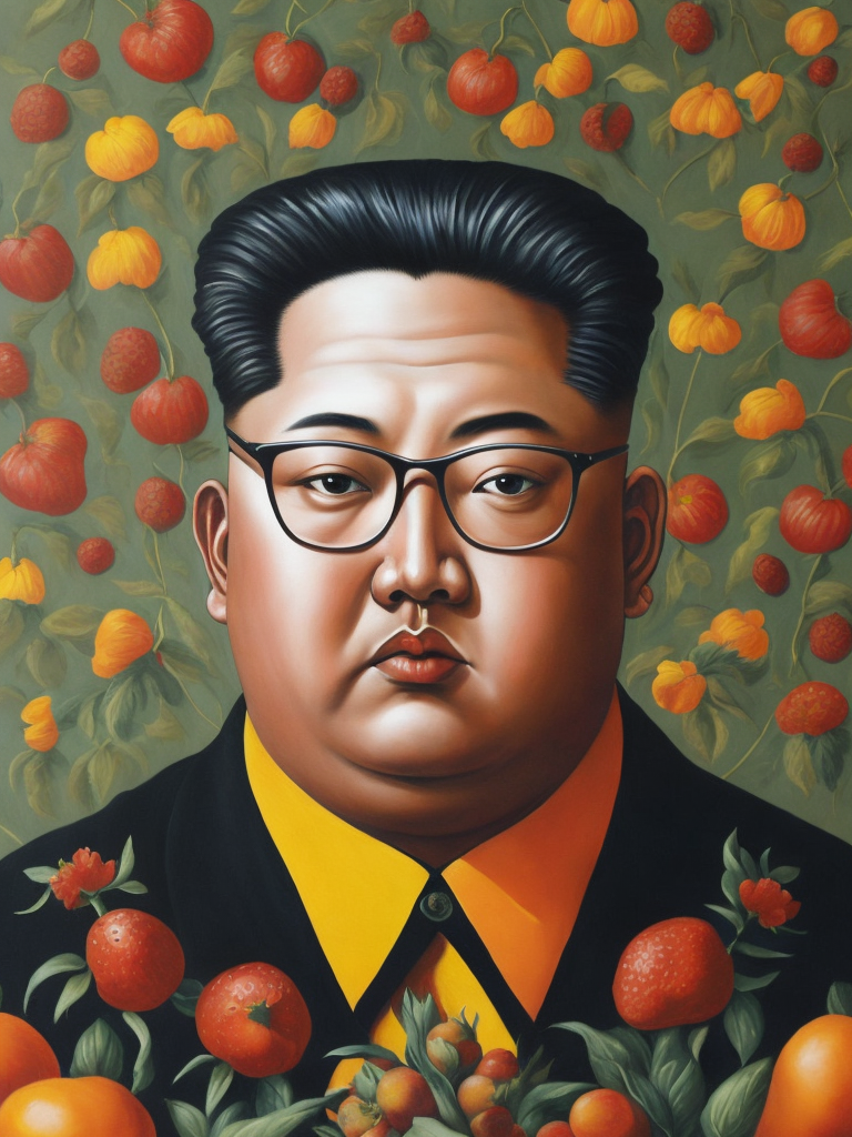 a painting of Kim Jong Un head surrounded by flowers and fruit, Painting, Oil, Still Life, Botanical, Italy, style of Giuseppe Arcimboldo