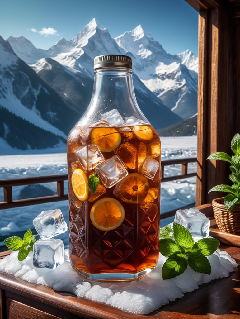 Fresh ice tea bottle on big ice. Put some snowy mountains to background and add some mint on table.