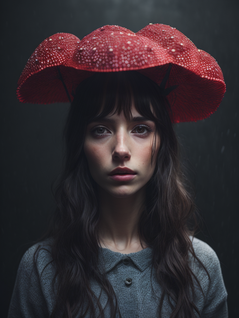 Girl amanita muscaria, psychedelic, trippy, extremely detailed vibrant, cinematic lights, hyper realistic, hyper detailed, Sony Alpha α7, photorealistic