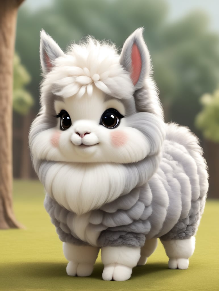 cute, fluffy, hybrid alpaca and chinchilla, full view, chibi style, disney style, cartoon style, pixar style, with background