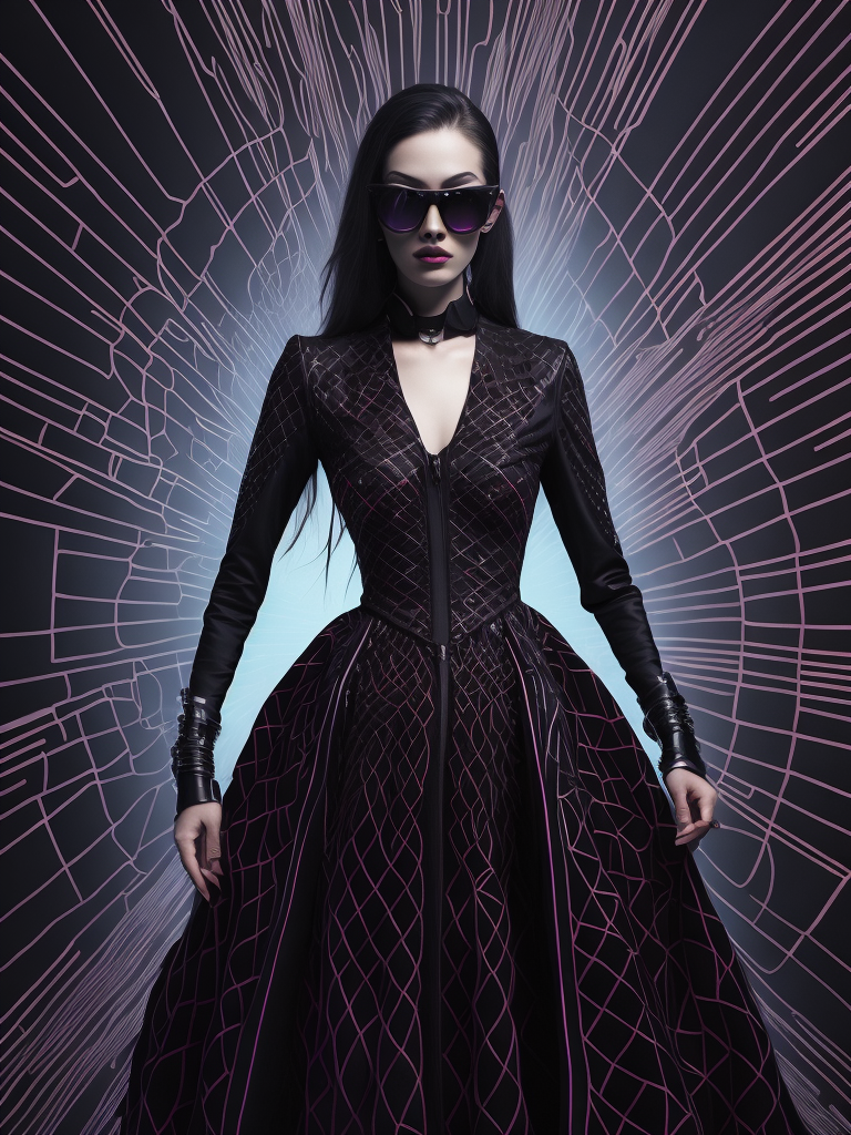 ultra sharp, fashion photoshoot, gothic, style of Alex Ross, futuristic fashionista dress made of rainbow DMT fibonacci grid patterns, shot on x-ray infrared film, bugeye sunglasses