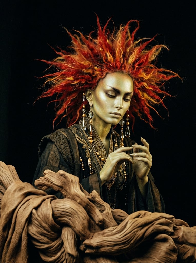 A surreal portrait of a pale ethereal being with greenish-gold skin in a black void. The figure has downcast eyes, a sprawling fiery-red spiky headdress, and dangling teardrop pendants. Soft airbrushed lighting and grainy textures highlight a sculpted tan mass in the foreground.