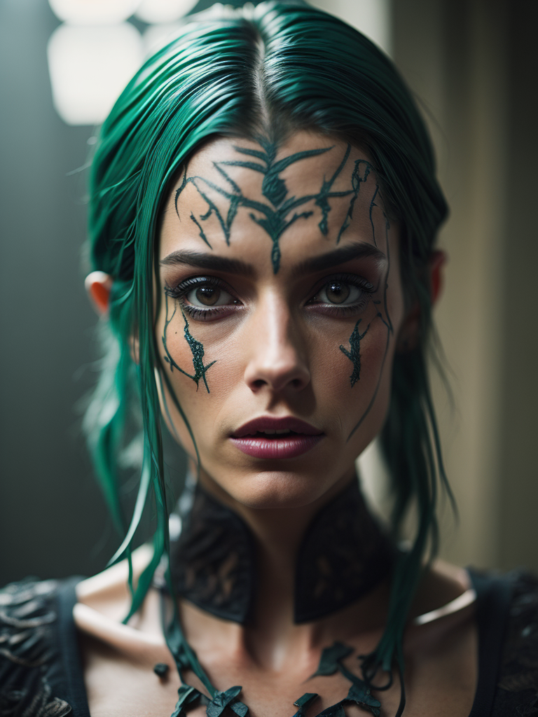 woman, green hair, black eyes, elf, tatto