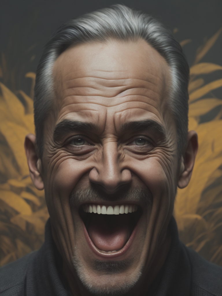 a painting depicting the head of a man with teeth, in the style of artist alex gross, dynamic colors, clear focus, surrealism, psychedelic overload, steve sack, highly detailed figures, nightmare, exuberant