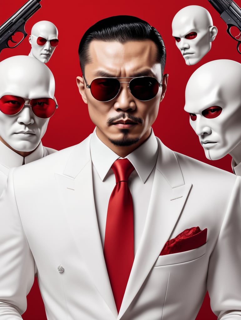 Chinese mafiosi, avant-garde, simplygo, photoshoot spread, dressed in all white, red background, harpers bizarre, cover, headshot, hyper realistic