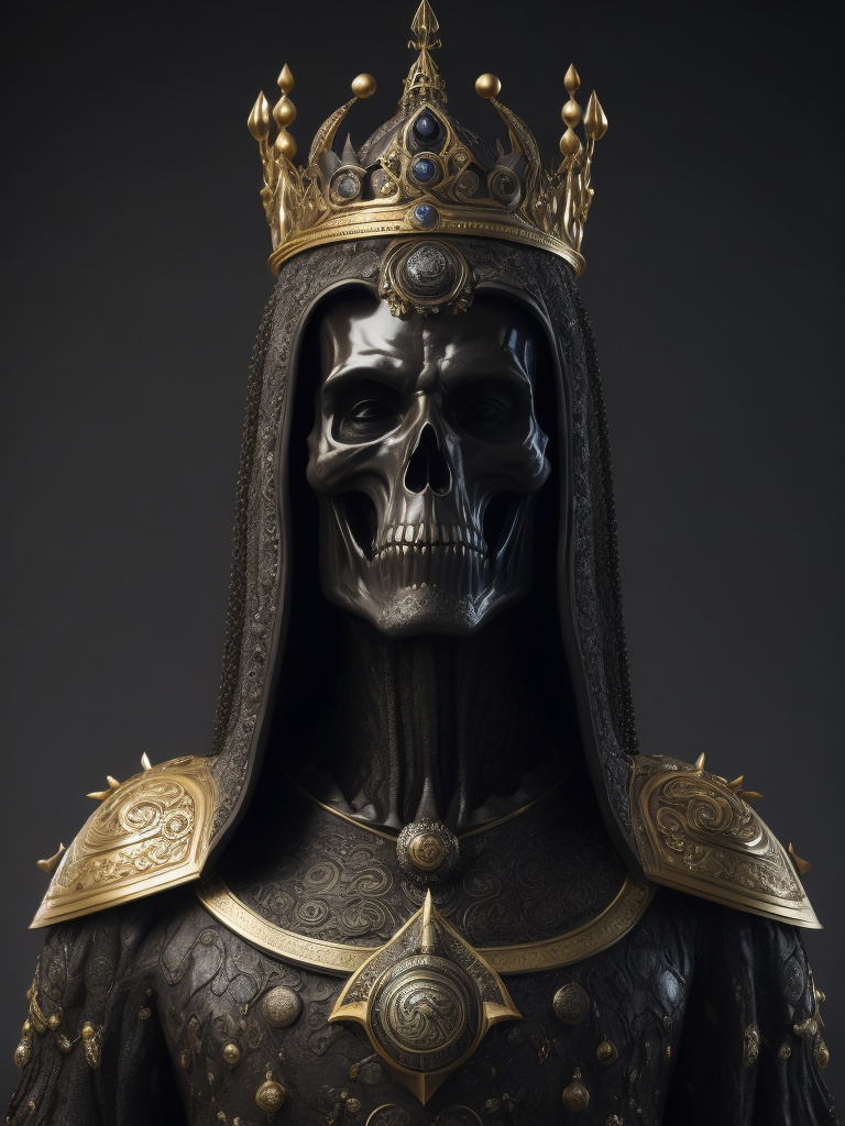 full body obsidian sculpture of the ruler of the dead and the underground, made of all black materials, reflective black obsidian bones, bejeweled armour and crown, sharp, extremely detailed, extremely intricate, volumetric lighting, photorealistic, 8k
