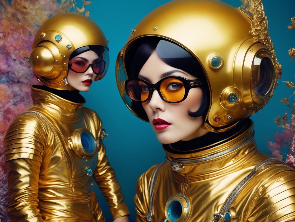 In 1998, abstract fashion photography captured a 1960s astronaut woman in a gold spacesuit with a large helmet and glasses. The art, created by Victor Moscoso and Bridget Riley, used Kodak Ektar 100 film. Carne Griffiths added a touch of magic with fluid art, while artists like Conrad Roset, Ilya Kuvshinov, Mark Fielding, and Zwy Studio emphasized high lights in the eyes. Sergio Lopez and Natalie Shau also contributed to the artwork.