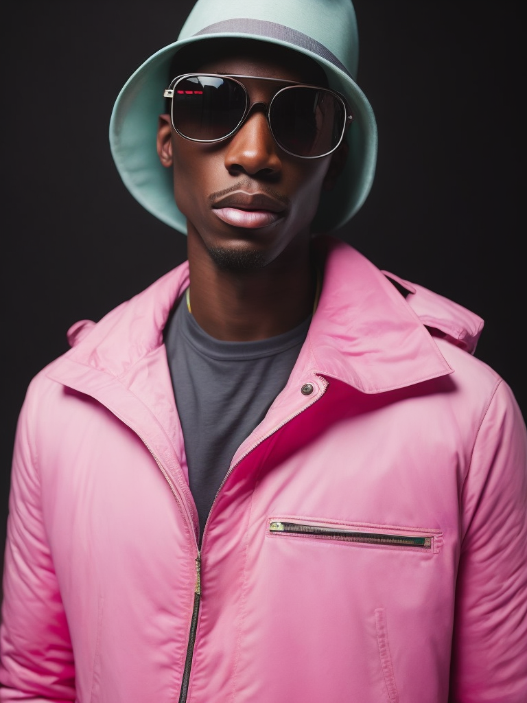 Black male fashion model, Wearing a pink jacket and a green panama hat, large black sunglasses, Black background, Bright and rich colors, bright saturated color, sharp focus,