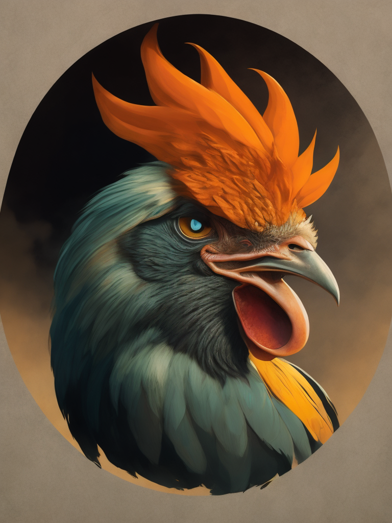 grumpy old rooster head with large eyes, contained in a circle
