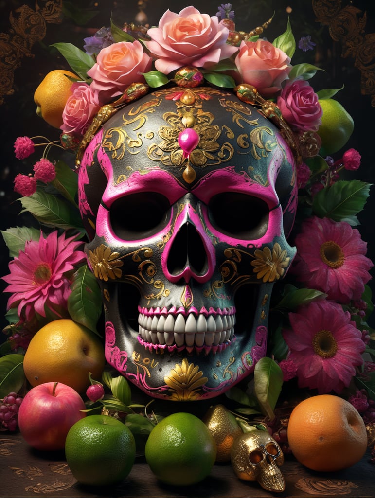 Mexican skull calavera, surrounded by poetic ornamental elements such as fruits, flowers, garlands of lights and native plants, colors pink, green, gold and black