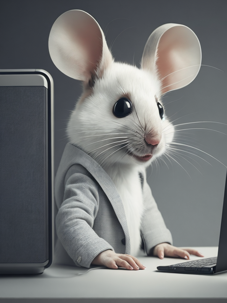 Cute white mouse look like a human stylized as a software engineer near the computer. Large free space on the left half of image. High key. White color.