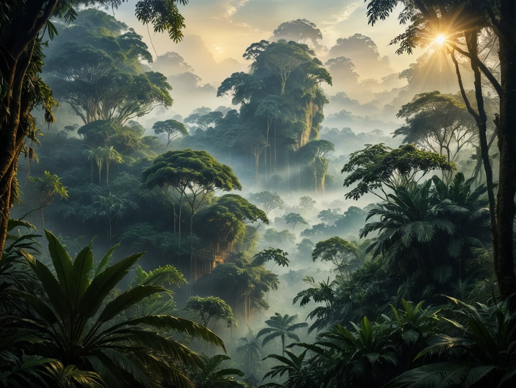 (((digital painting style))) Jungle with misty atmosphere, conceptual ilustration, golden hour, digital painting effect, Dusan Markovic style, masterpiece, utra quality, extreme details