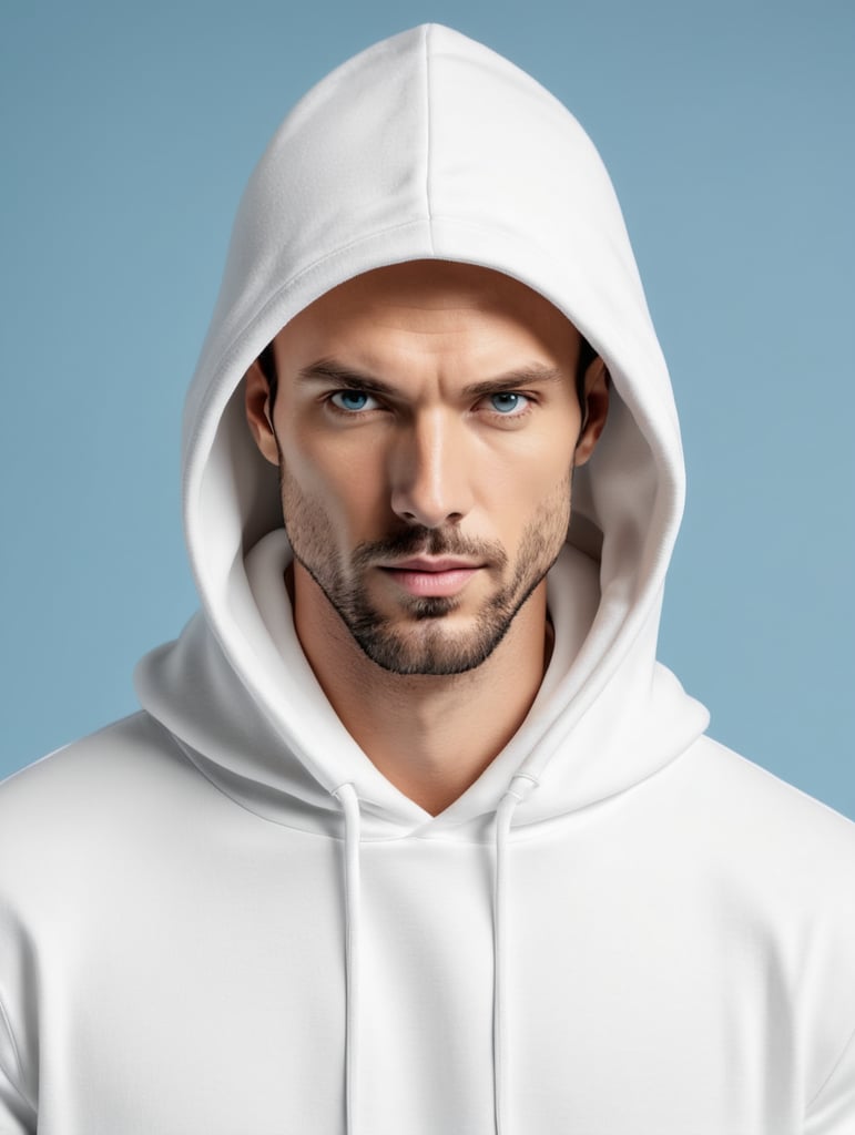 a man wearing blank white hoodie, isolated, blue background, style of Miles Aldridge, mockup, mock up