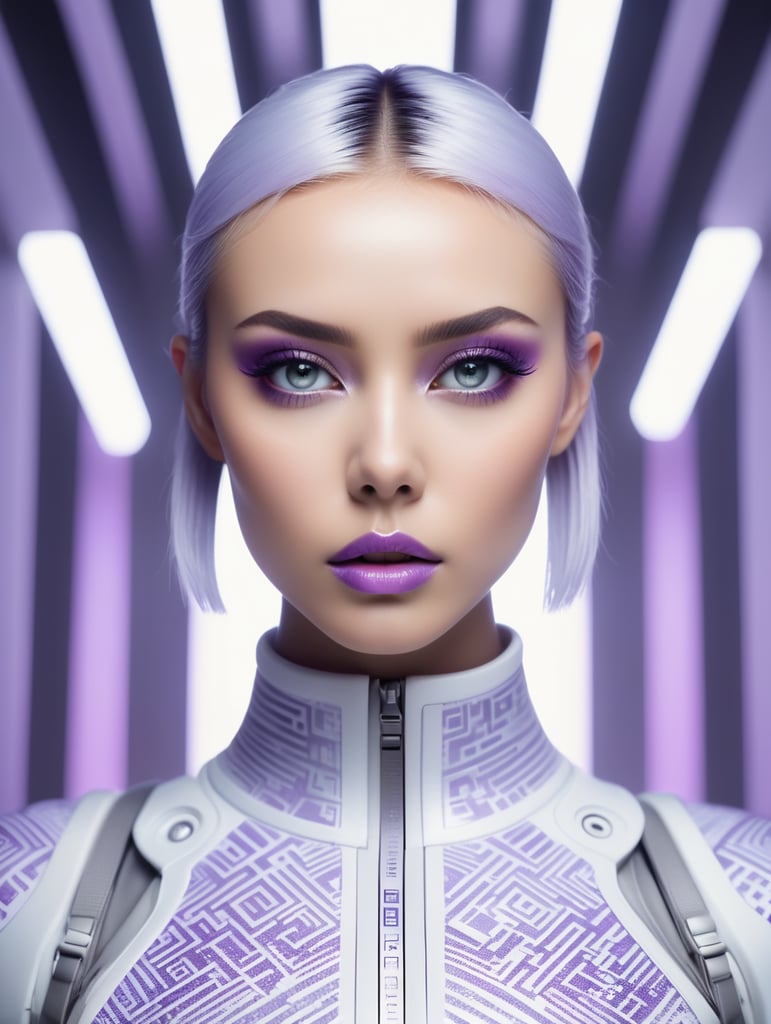 Fashion photography, pitch white slate grey lilac, full body view, minimalism, smoked eye shadow, illuminated white qr code pattern, luminous eyes, opposing pattern background, vibrant color, misty aether cyberpunk clothing, close up view of head, fluctuating depth of field, ethereal lighting, backlighting, holga medium format camera