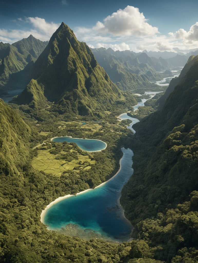 distant image of American Samoa, Island with minimal short Mountains, river running from ocean into a valley, ocean only on the bottom middle running up to the right, clear blue sky