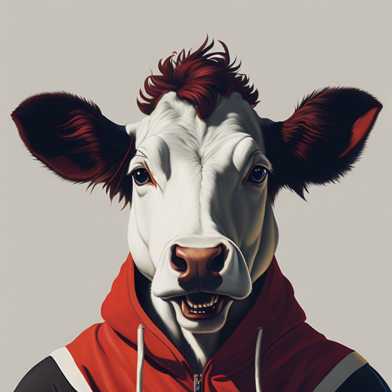 white cow , face smile,portrait, red hoodie, green mohawk, vintage, photorealistic illustration, vector, flat, isolated on white background, Painting, Oil, Still Life, Botanical, Italy, style of Giuseppe Arcimboldo