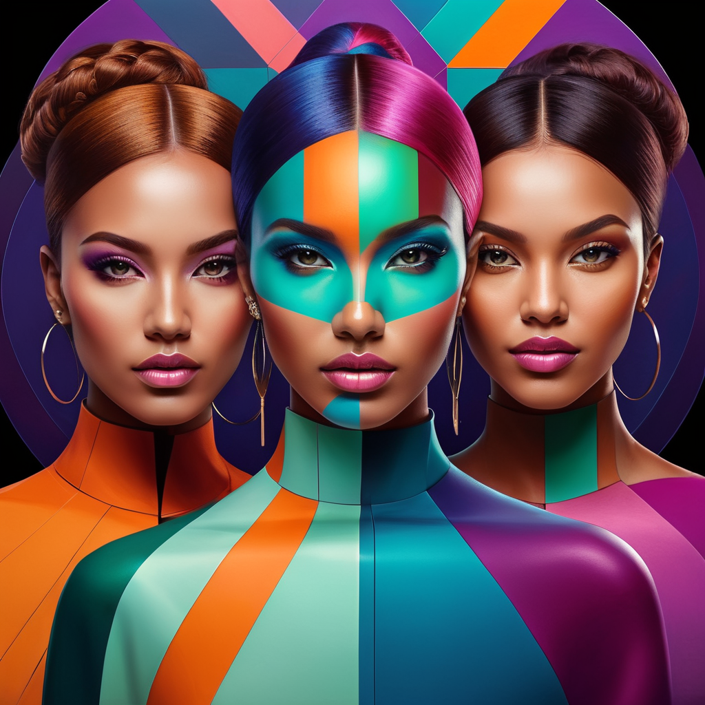 Create a colorful graphic portrait featuring four young diverse women in the vibrant abstract geometric style of artist Jade Purple Brown. The women should have 1970s hairstyles, makeup, and fashion. Compose the image using overlapping circular, oval, and rectangular shapes in bright hues like purple, blue, orange, green, and pink with soft blurred edges in Jade's signature style. Arrange the geometric abstract forms in a dynamic, energetic composition with a sense of rhythm and movement. The women should be interacting, laughing, and exchanging enthusiastic expressions with a joyful, celebratory mood. Apply areas of texture using thick painterly brushstrokes. Emphasize bold graphic stylization over realism for a retro 70s pop art look.