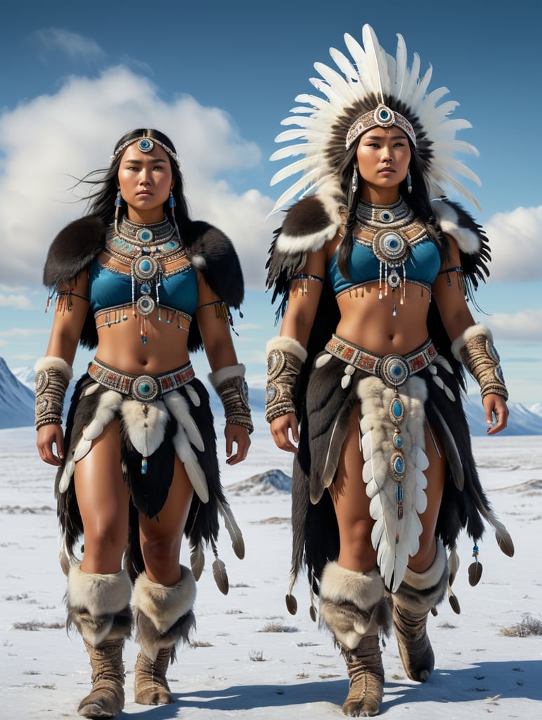 Generate a captivating full-body illustration of a stunning 18-year-old inuit woman dressed in exquisite stone age clothing, embellished with intricate feathers, vibrant beads, and delicate shells. she stands gracefully on the stark tundra steppe, radiating beauty and strength, while beside her, her younger brother, with a somber expression, evokes a poignant and melancholic atmosphere. bring this vision to life with the artistry of tom björklund.