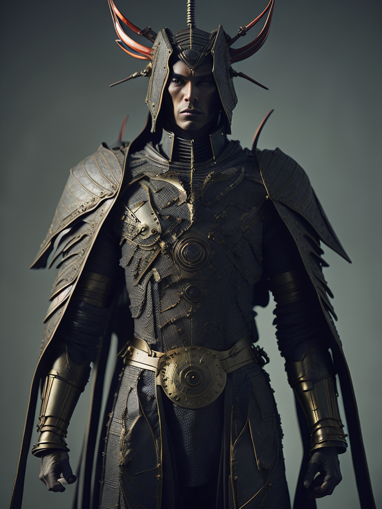 Masterpiece sculpture of an ornate japan mechanical robot samurai , and jean delville, symbolist, dramatic lighting, god rays, elaborate geometric ornament, art brut, rich colors, smooth, sharp focus, extremely detailed