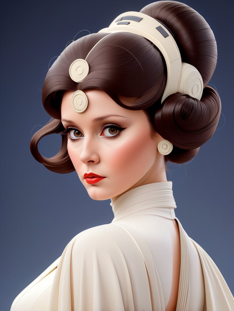 Illustration. Manga. Patrick Nagel. High Contrast. Flowing line. Shadow. Youthful Carrie Fisher as Princess Leia. Star Wars. Surreal minimalism. Pin up.